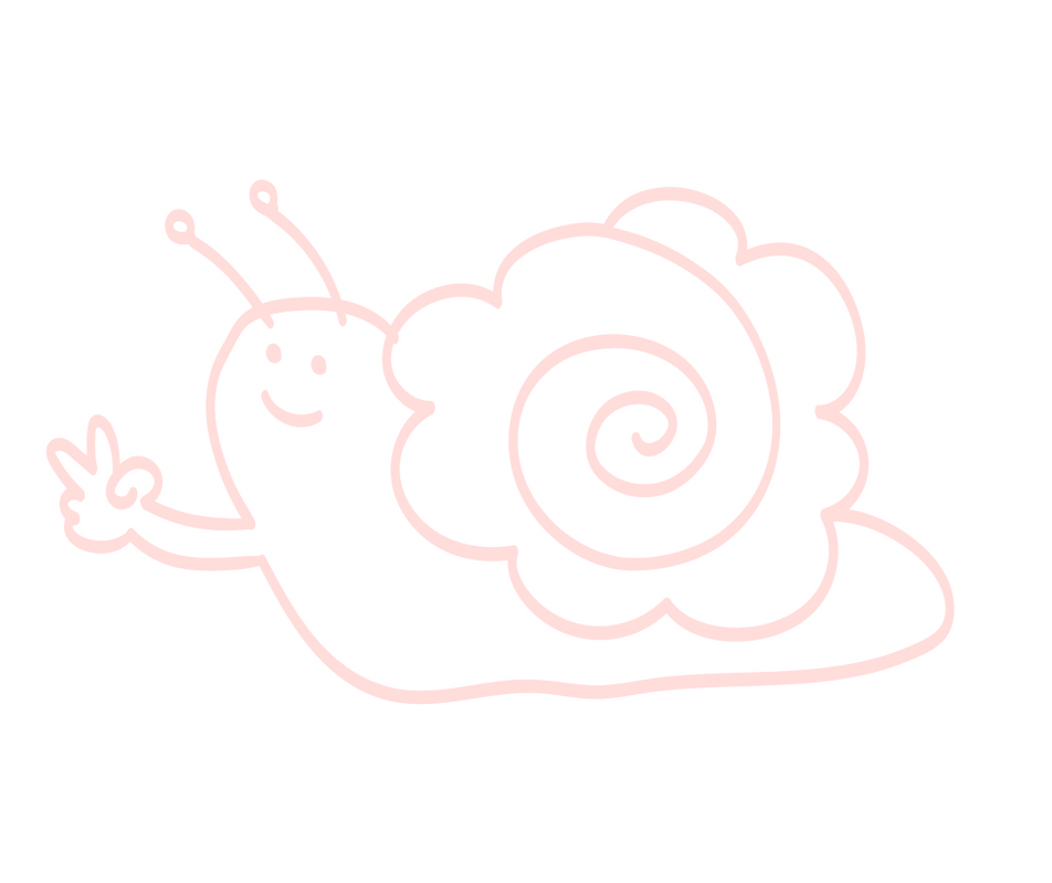 a cute line drawing of a snail smiles at you while making the "love and peace" sign with their hand.